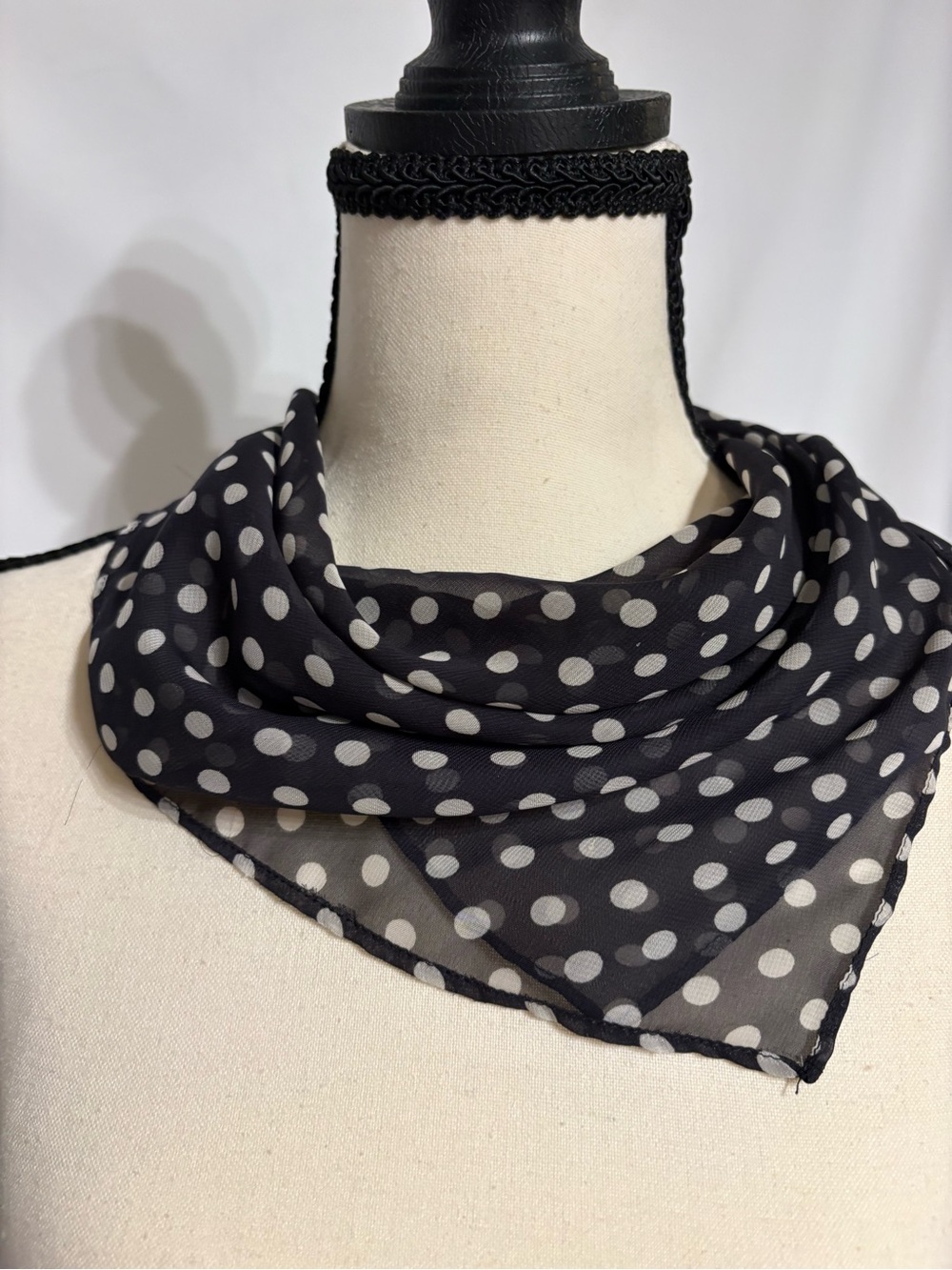 Polka Dot Chiffon Neck Scarf - Black & Cream - Picture 2 of 5